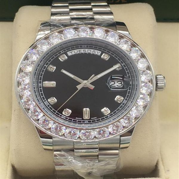 Relógios de luxo 41mm Mecânico Automático Branco Ouro Maior Diamante Preto Dial Pulseira de Aço Inoxidável Mens Wristwatch189O