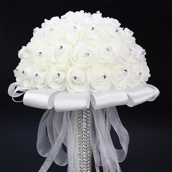 Bouquet da sposa bianco con bouquet di rose artificiali, nastro bianco, manico da damigella d'onore, fiori nuziali, diametro 20 cm, nuovo233A