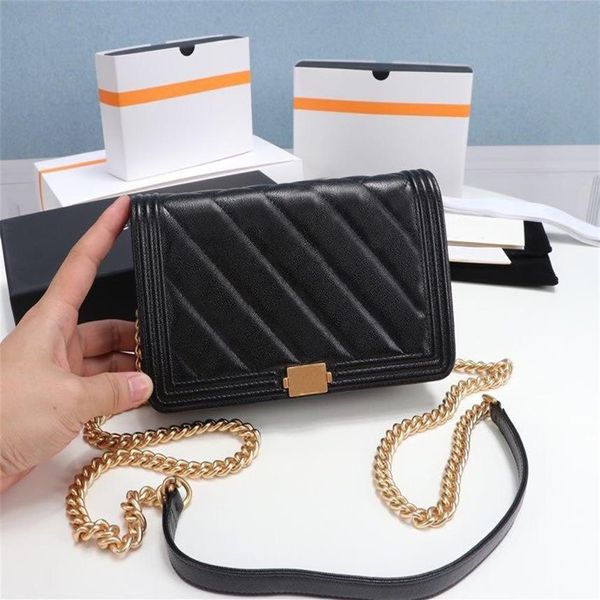 Klassische Luxus-Modemarken-Geldbörse, Vintage-Damenhandtasche aus braunem Leder, Designer-Kettenumhängetasche mit Box, ganz 02220q