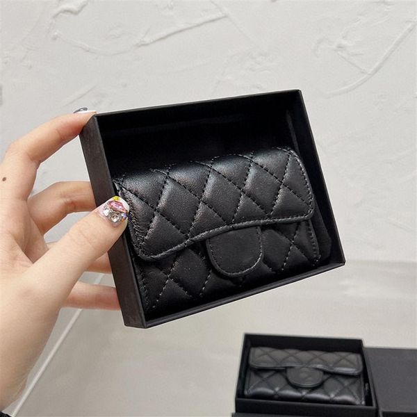 Mulheres designer clássico mini aba acolchoada carteira bolsa caviar couro bezerro pele de cordeiro ouro prata metal hardware titular do cartão tin195m