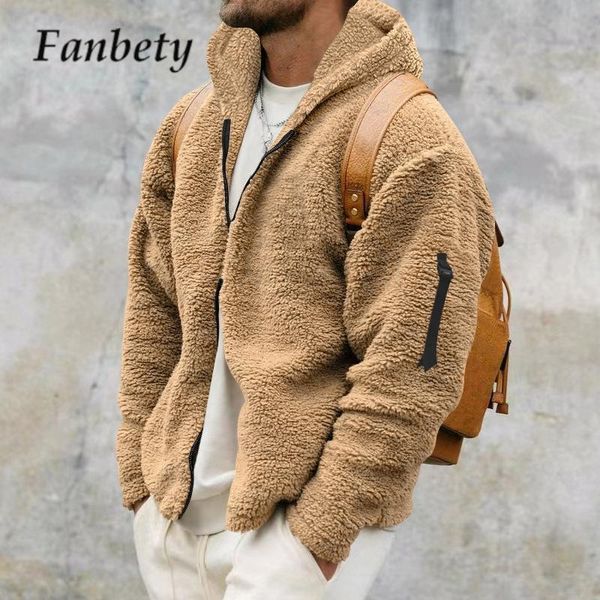 Casaco masculino de pele falsa outono inverno fuzzy velo teddy casaco moda cor sólida manga comprida capuz quente casual masculino zíper moletom outwear 230908