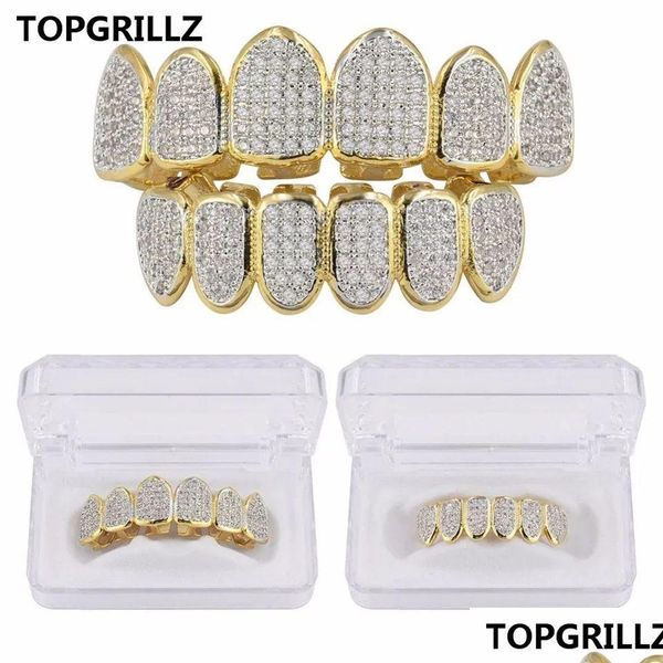 Grillz Dental Grillz Grillz Hip Hop Iced Out Cz Gold Teeth Caps Top e Bottom Diamond Tooth Grillzs Set para Homens Mulheres Presente Drop De Dhgbm