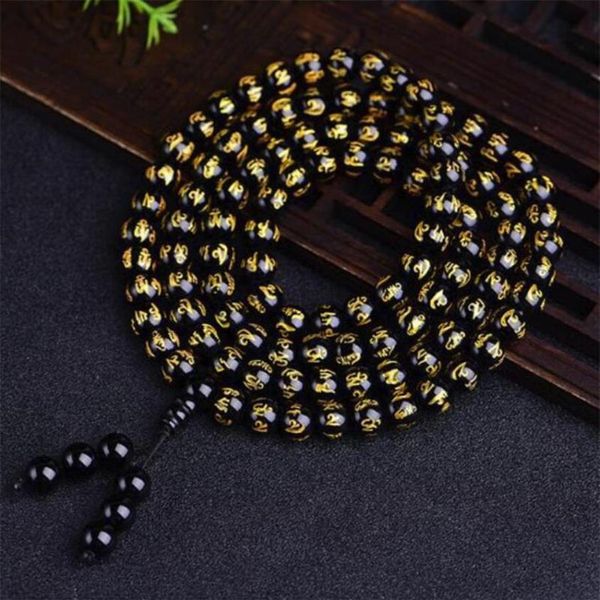 8 mm 108 Sechs Worte Mantra-Perlen Obsidian-Armbänder Party Fashion Mala Handgefertigte Meditation Wunderschöner Schmuck Faszinierender Armreif256t