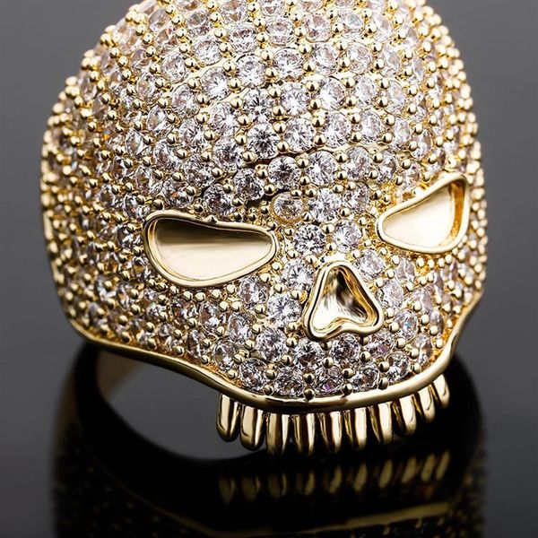 Anel de caveira gelado masculino, anel de prata e ouro de alta qualidade com diamante completo, anéis de hip hop, joias 336v
