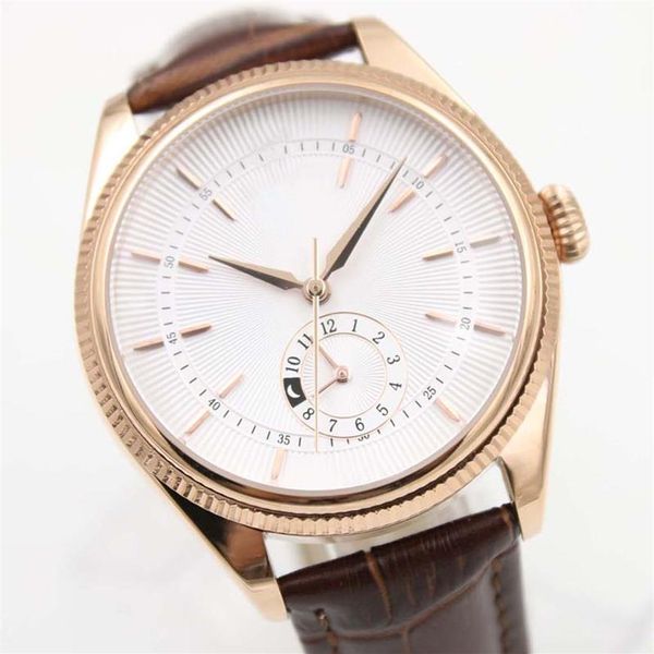 Relógio mecânico automático masculino de 40mm, caixa de ouro rosa, mostrador branco com pulseira de couro marrom e gmt subdials263s