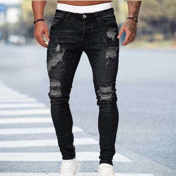 Preto calças de brim magros homens rasgados jeans masculino 2021 novo casual buraco verão rua hip hop magro denim calças homem moda jogger x2642