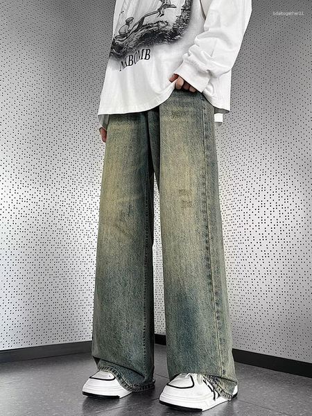 Jeans da uomo 2023 Elegante High Street sfumatura di colore lavato gamba larga casual tubo dritto pantaloni di jeans alla moda allentati