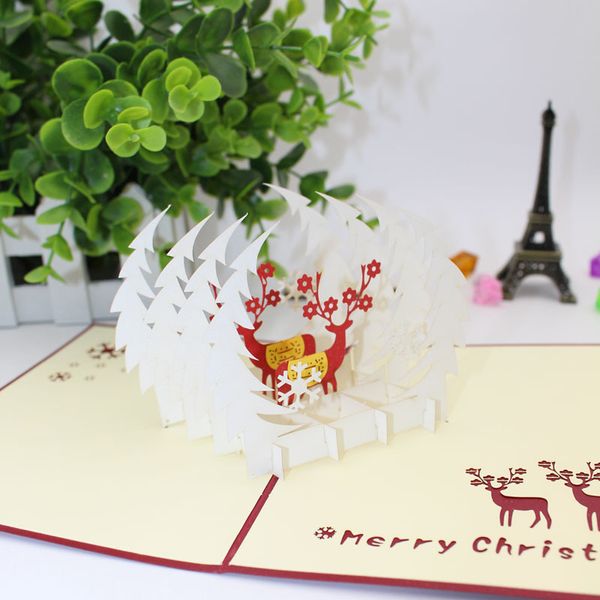 Weihnachten Santa Deer Cart Kreative 3D-Grußkarte Papier Schnitzen Papier Handwerk Weihnachtsbaum Aushöhlung Urlaubswünsche