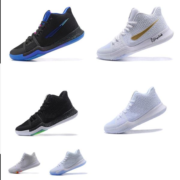 Mens Kyrie Irving 3 tênis de basquete 3s Natal Branco e Ouro Cromo Preto Gelo Azul Flip the switch Páscoa TS EYBL tênis ten303D