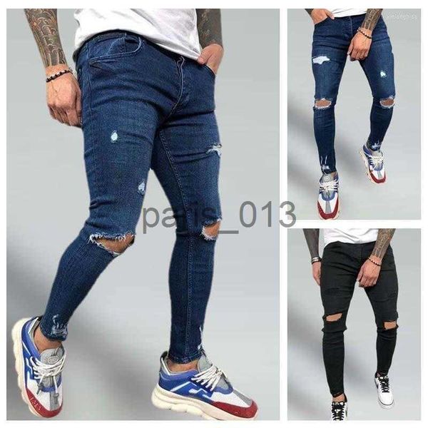 Jeans da uomo Jeans da uomo Skinny elasticizzati da uomo Slim Fit Pantaloni in denim strappati con foro al ginocchio Pantaloni stile hip-hop da uomo S-4XL Nero Marca Jean Homme x0911