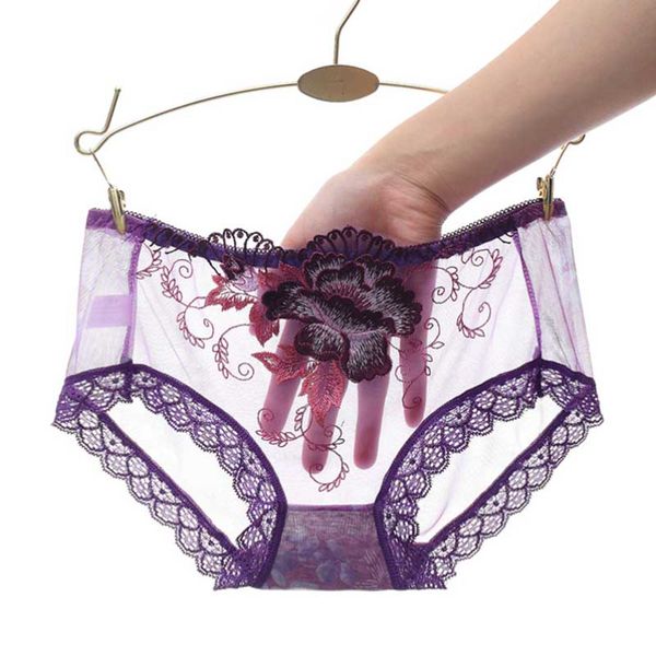 Atualização flor rosa bordado calcinha briefs ver através da mulher lingeries rendas cintura baixa sexy roupa interior feminina sob calças roupas