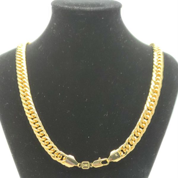 Corrente super legal moda 24k amarelo sólido fino ouro duplo meio-fio cubano link colar masculino 600mm 10mm153l