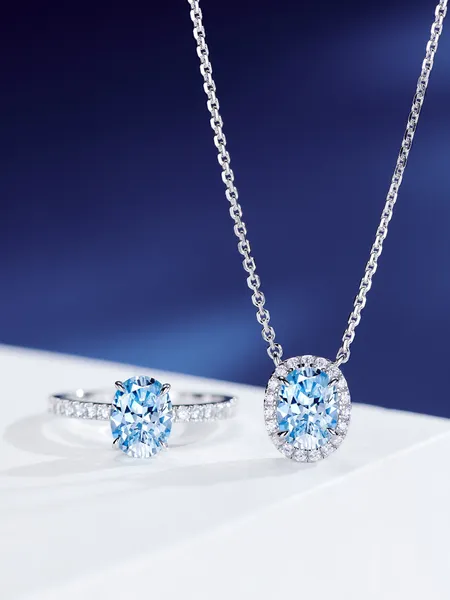 2023 Роскошное качество Ожерелье-подвеска с голубым бриллиантом овальной формы с обручальным кольцом в стиле панк PS7646B