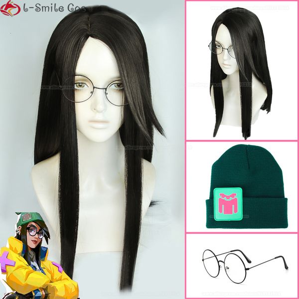 Cosplay perucas de alta qualidade jogo valorant killjoy cosplay peruca 60cm longo preto marrom peruca chapéus óculos resistente ao calor perucas adereços peruca boné 230908