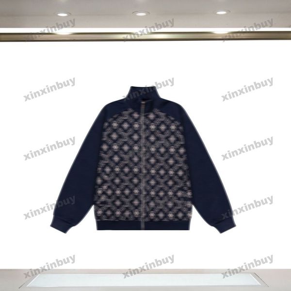 Xinxinbuy homens designer casaco jaqueta painéis carta jacquard padrão de tecido mangas compridas mulheres azul preto cáqui damasco XS-3XL