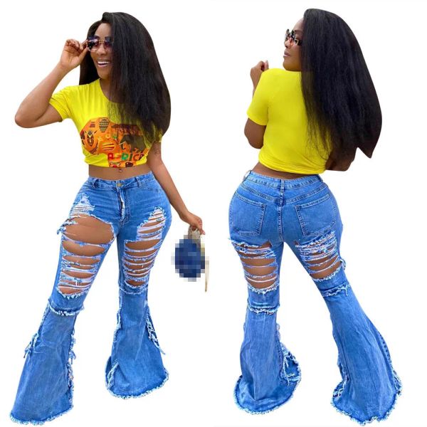Designer rasgado jeans mulheres cintura alta plus size 3xl 4xl denim flare calças azul vintage angustiado buracos calças streetwear em massa roupas por atacado 10105