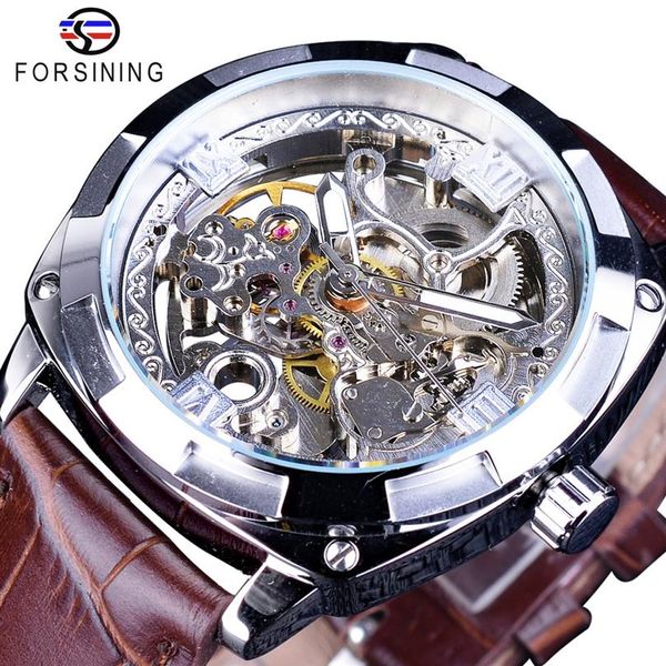 Forsining 2018 Orologio scheletrato in argento Marrone Vera pelle Resistente all'acqua Orologi automatici a carica automatica per uomo Orologi sportivi322M