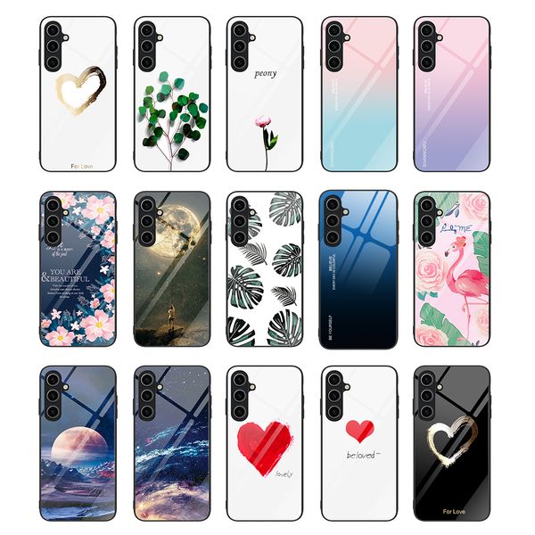 Capa de vidro temperado fina colorida com coração de amor para Samsung Galaxy S23 FE S22 Ultra S21 S20 Note 20 S10 à prova de choque TPU pára-choque traseiro rígido Funda Conque