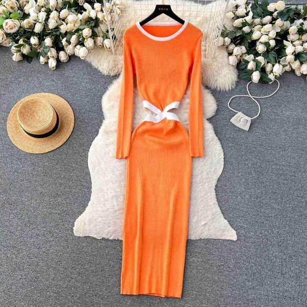 Vestidos casuais 2023 outono moda cor combinar tricô maxi vestido para mulheres o pescoço manga longa oca cintura magro bodycon