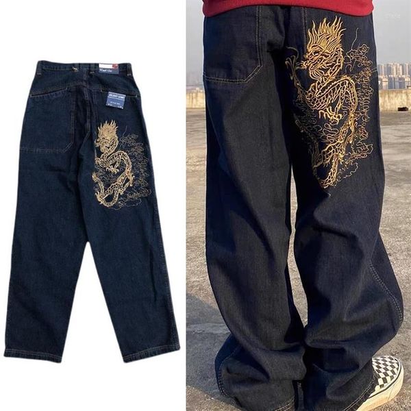 Jeans masculinos vintage bordado dragão impressão homens oversized y2k calças hip hop streetwear perna larga skate buracos loose328z