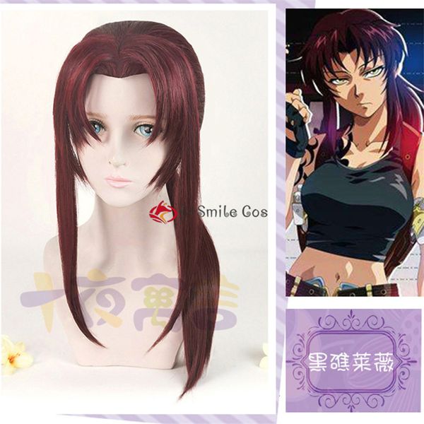 Parrucche Cosplay di alta qualità BLACK LAGOON Rebecca Revy Parrucca Cosplay 65 cm Lunga Vino Rosso scuro Coda di cavallo Parrucche per capelli lunghi in stile Protezione per parrucca 230908