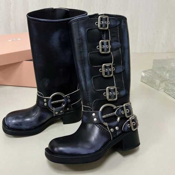 Luxus-Designer-Schuhe für Damen, Harness-Gürtel, Rindsleder, Biker-Kniestiefel, Absatz, Ritterstiefel, quadratische Zehen-Stiefeletten