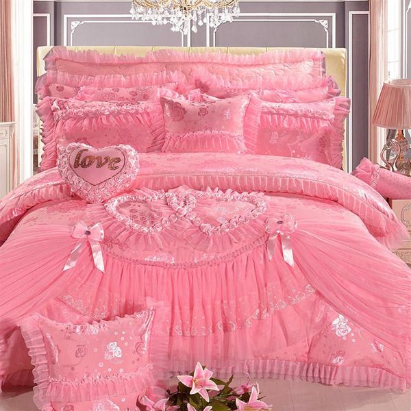 Luxo rosa em forma de coração rendas conjunto de cama rei rainha tamanho princesa roupas de cama de casamento seda algodão jacquard cetim capa edredão cama s301h