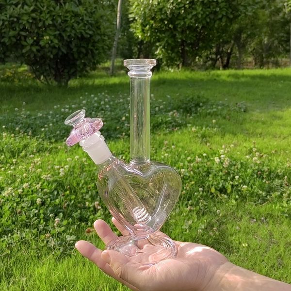 Pipa da fumo a forma di cuore da 8,6 pollici, accessori per fumatori, bong per narghilè in vetro rosa, narghilè per fumatori, bong per narghilè con diffusore a stelo basso, ciotola a cuore carino per tabacco da 14 mm