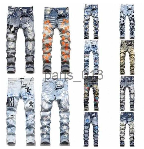 Мужские джинсы 23SS Мужские джинсы Дизайнерские рваные байкерские тонкие прямые джинсы для мужчин с принтом Женская армейская мода Мужские узкие брюки Азиатский размер 29-38 x0911