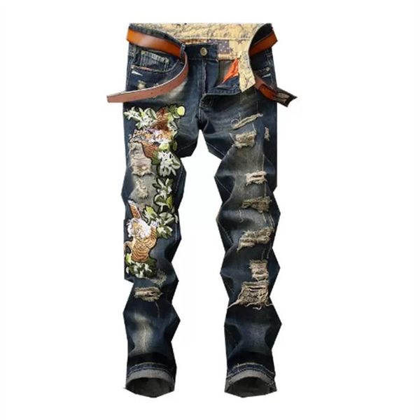 Mens Jeans clássico hip hop denim camuflagem Jean buraco angustiado rasgado motociclista calça Slim Fit motocicleta calças de rock 28-38 Blue254o
