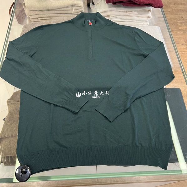 Polo da uomo Primavera kiton Camicia a maniche lunghe con cerniera in lana verde scuro