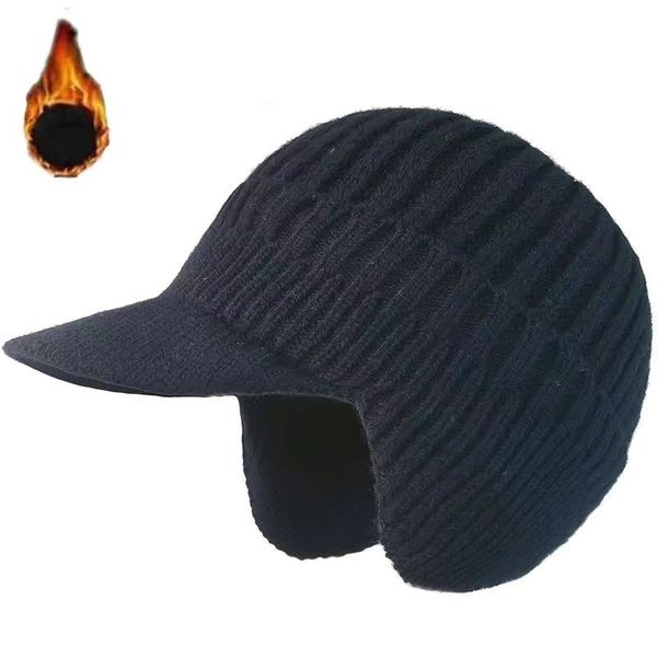 Berretti invernali con tesa classica da uomo Cappelli spessi in filato Scaldatesta per orecchie Adulti Uomo Moda Berretto da neve Nero Navy Kaki Grigio 9 Tinta unita