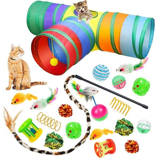 Katzenspielzeug 20 Stück Kit zusammenklappbarer Tunnel 3 Löcher Indoor Kätzchen Feder Teaser Zauberstab Mäuse Bälle Glocke Haustier Zähne sauber Spaß Channel266a