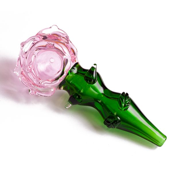 1 peça Tubo de mão de flor em formato de rosa de vidro borossilicato premium, rosa branco azul vermelho quatro cores flor verde árvore linda folhas tubo de vidro bong cachimbo de água cachimbo de água