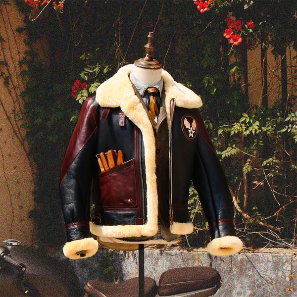 Couro masculino falso europeuus tamanho de alta qualidade super quente genuíno casaco de ovelha masculino grande b3 shearling bombardeiro merino jaqueta de pele y230908