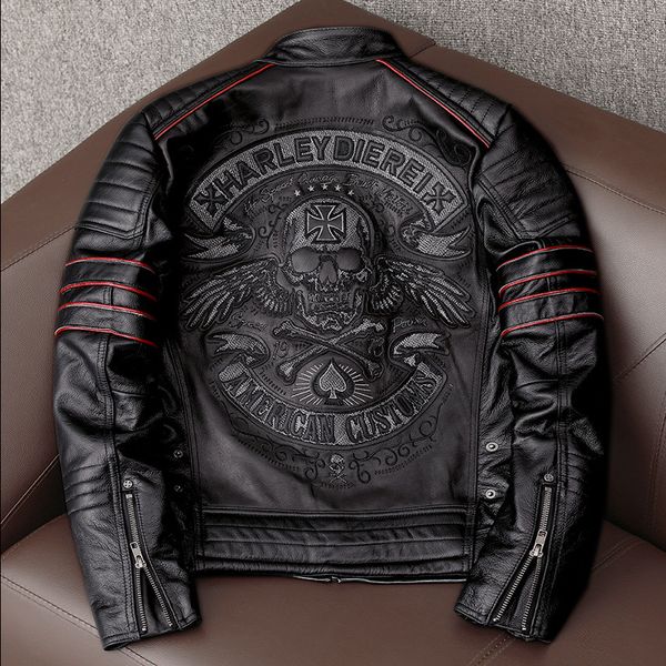 Couro masculino couro falso primavera original couro motocicleta jaqueta crânio bordado camada superior roupas de couro fino ajuste preto fino casaco masculino 230908