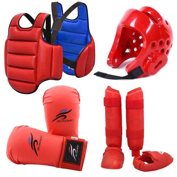 Equipamento de proteção Luvas de Karatê Taekwondo Dobok Conjunto de uniforme de equipamento de sparring Capacete Caneleiras Equipamento de boxe MMA Equipe Peito Terno Bo326f