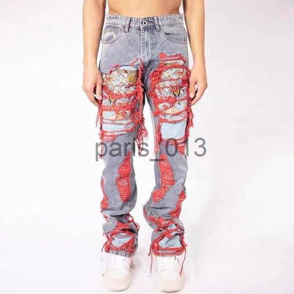 Erkekler Kot pantolon yüksek sokak hip hop yok fırçalı işlemeli bol rahat düz bacak denim pantolon erkek kadın 230309 x0911