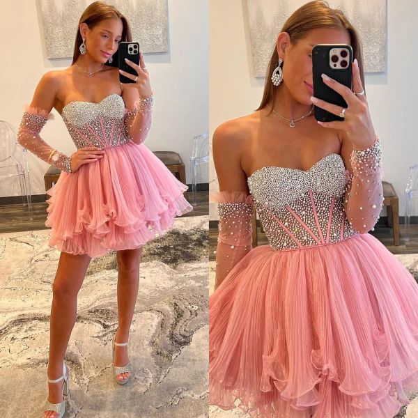 2023 Luz Rosa Vestidos de Baile Uma Linha de Duas Peças Mangas Compridas Brilhantes Cristais Frisados Custom Made Ruched Plissados Vestido de Noite Formal Ocasião Desgaste Vestidos Plus Size