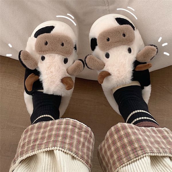 Chinelos bonito animal chinelo para mulheres homens moda kawaii fofo inverno quente chinelo casais desenhos animados leite vaca casa slides sapatos engraçados 230908