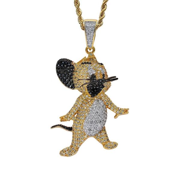 Collana Jerry con gatto e topo in oro 18 carati, regalo di gioielli hip-hop da uomo con zirconi cubici ghiacciati249f