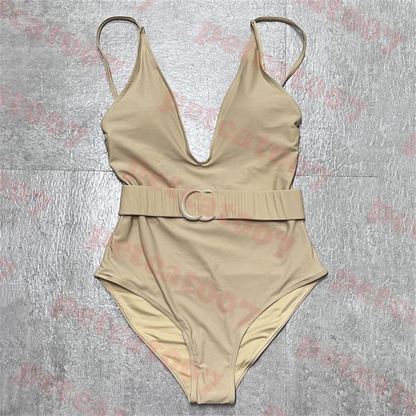 Costume da bagno kaki di design con cintura con stemma con lettera profondo scollo a V costume da bagno da donna bikini con fionda due colori271P