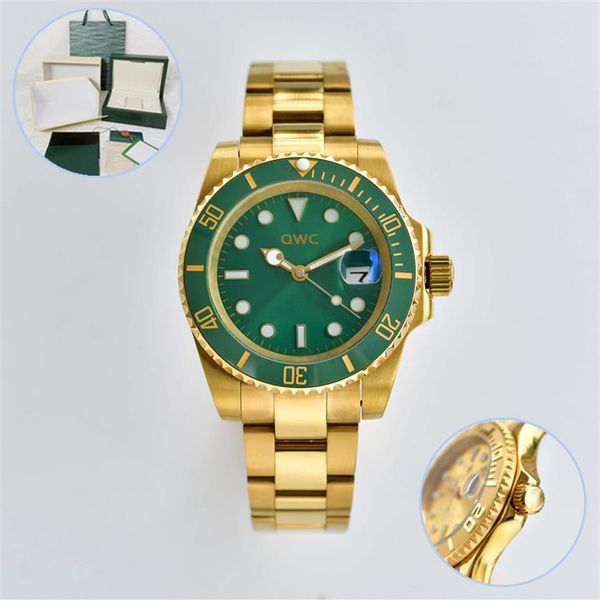 Luxo Verde Dial Mens Relógios 904L Aço Inoxidável ST9 Submarino Fivela Dobrável Sem Calendário Designer Luminoso Relógio de Ouro 42mm Aut192F