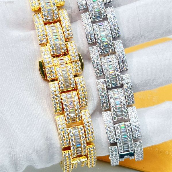 Em estoque moda novo desgin vvs moissanite baguette corte masculino marca relógio miami pulseira de elo de corrente cubana