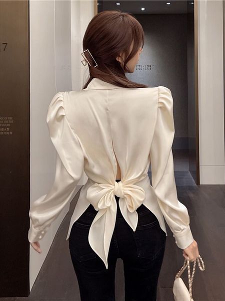 Damen-Blusen, Hemden, Zoki, Damen-Bluse mit Rückenschleife, elegantes Puffärmel-Hemd, modische schlanke Büro-Dame, lässige Bluse, koreanisches Hollow-Out-Umlegekragen-Oberteil, 230908