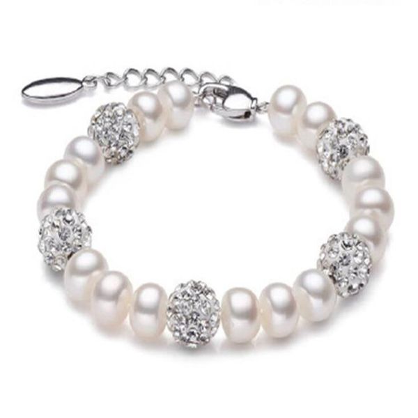 Vero e proprio bellissimo braccialetto di perle d'acqua dolce da donna, braccialetto di perle bianche coltivate da sposa, gioielli in argento 925, regalo di compleanno per ragazza GB773193b