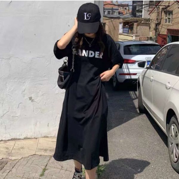 Vestido de manga curta sul-coreano feminino verão novo grande solto estilo preguiçoso comprimento médio sobre o joelho vestido camiseta dividida