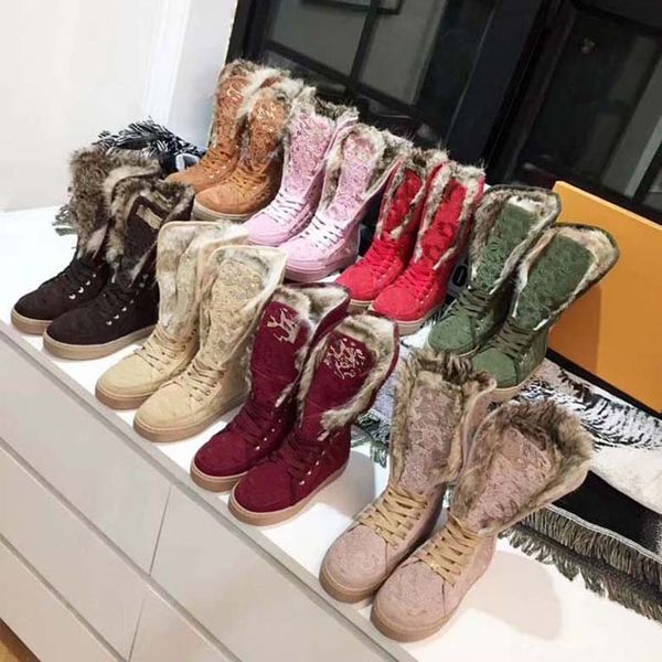 Botas de nieve clásicas Diseñador Botas de lana para mujer Moda Cuero genuino Impresión de lujo Cálido Fondo plano Piernas grandes delgadas Moda Versátil