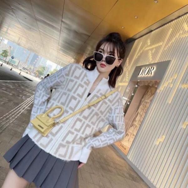 Otoño explosivo nueva marca original F suéter de mujer cárdigan con letras estampadas clásicas cuello con cremallera suéter de cachemira de manga larga top