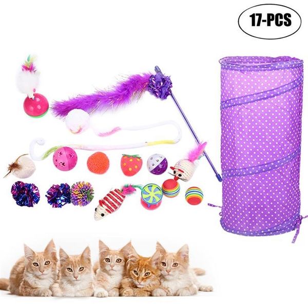 Brinquedos de gato 17 pçs / conjunto de brinquedo de estimação conjunto pena peixe mouse bola túnel interativo para gatos286p